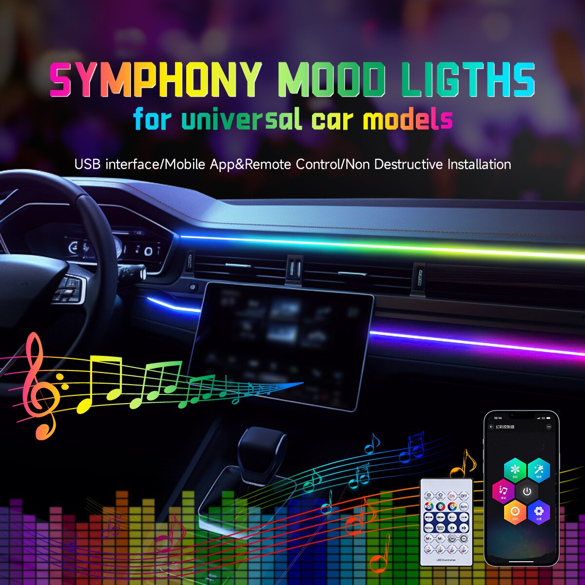 Car USB 64 Colors Acrylic Stri - огляд і ціна Led Ambient Interior Car Lights App Control